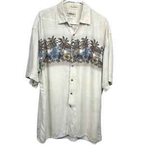 Campia Vintage Cream Tropical Palm Tree Print Short Sleeve Button Up Shirt Large